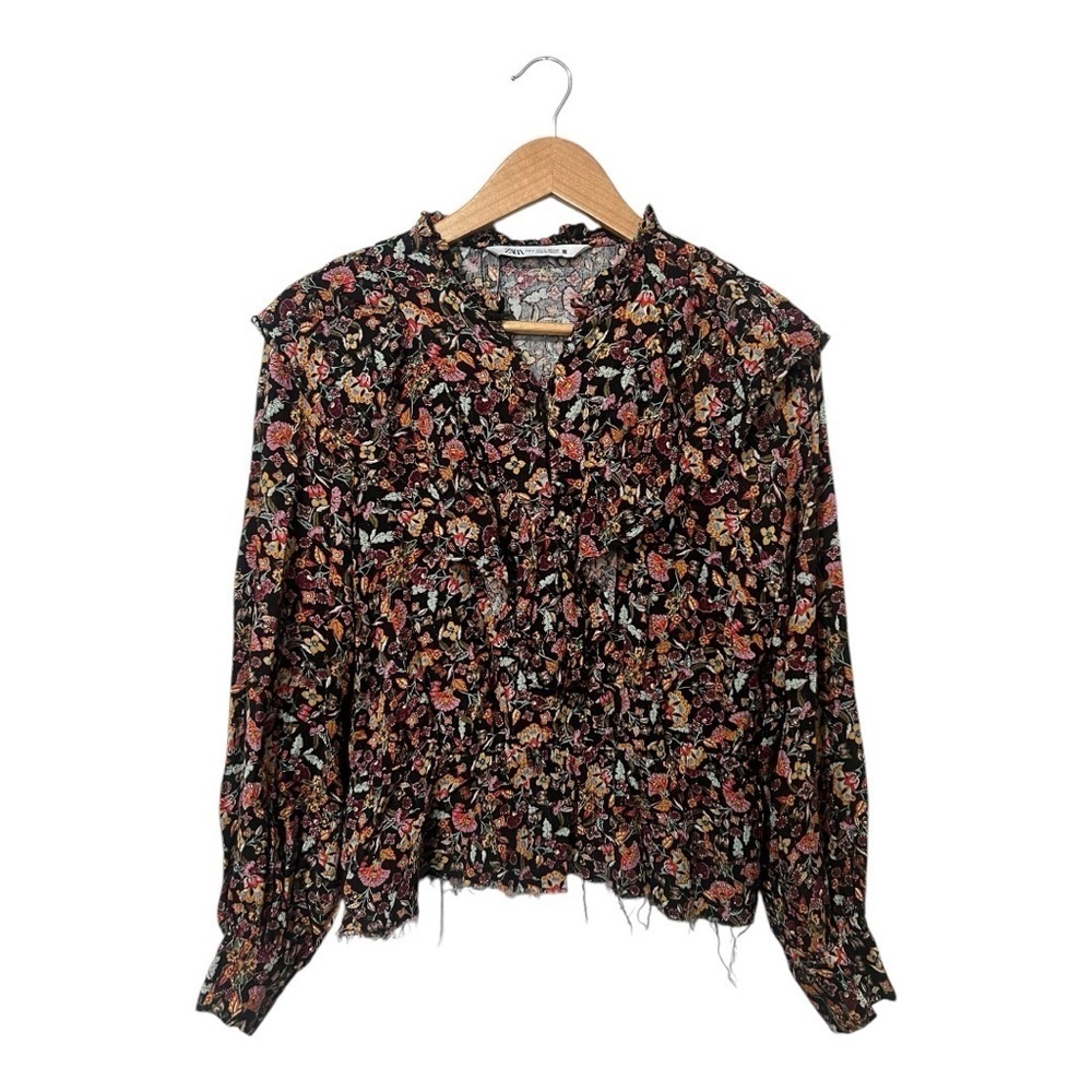 Zara Floral Blouse Lurex Ruffle Top Shirt Raw Hem Long Sleeves Women's Small S